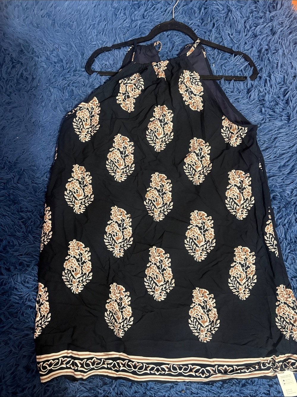 Navy blue Halter Tunic with Beige Floral Medallions